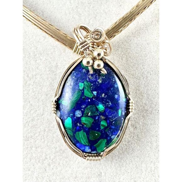 Handmade Azurite Blue Green 14K Gold Filled Wire Wrapped Pendant